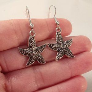 Silver Bead Texture Starfish Dangle Earrings Hypoallergenic Gorgeous Party Gift